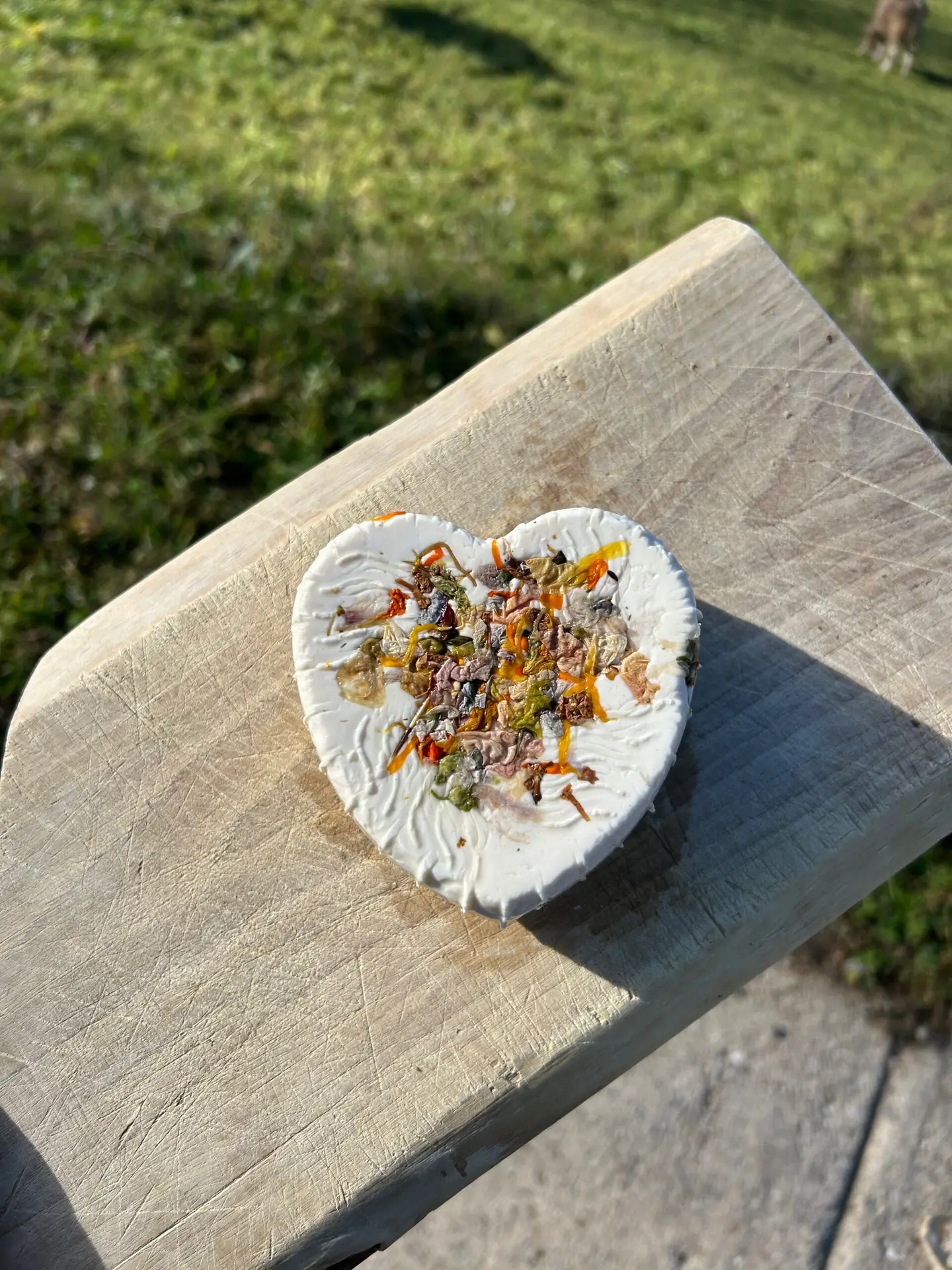formagella fresca con fiori essicati a forma di cuore